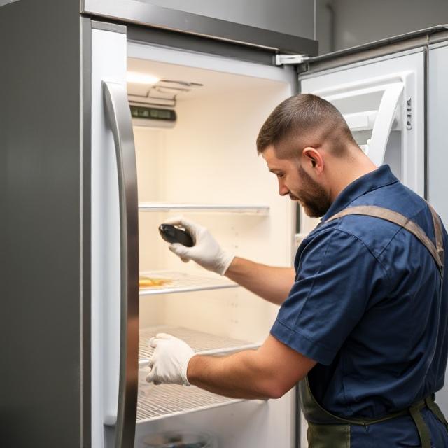 Technician checking refrigerator compressor