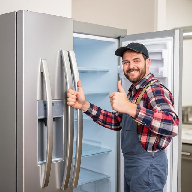 Technician servicing refrigerator